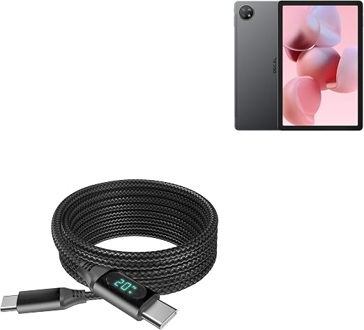 BoxWave Cable Compatible with Blackview Oscal Pad 18 - PowerDisplay PD Cable (6ft) - USB-C to USB-C (100W), LED Wattage Info Extra Long Braided Nylon - Jet Black