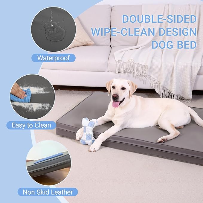 Vonabem Outdoor Waterproof Dog Beds Large Sized Dogs, Orthopedic Washable Crate Pad 54 inch, Anti-Slip Leather Pet Bed, Jumbo XXXLarge Foam Pets Pads with Removable Cover, Graphite Grey