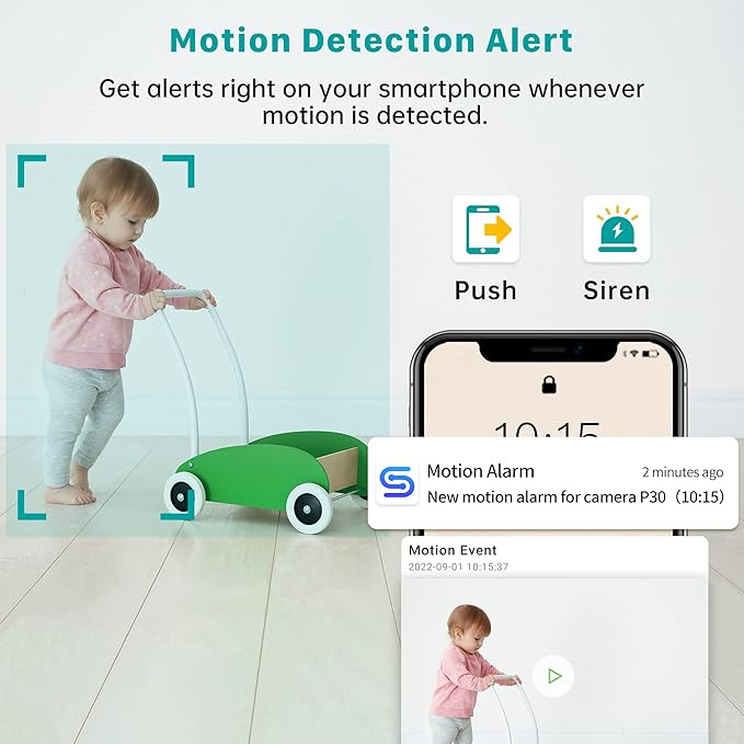 Septekon Indoor Security Camera 2K, 360°Pan Tilt Baby Monitor Pet Camera 2 Pack, 2.4GHz Wi-Fi Camera with Night Vision, Motion Detection, 2-Way Audio Siren, Cloud/SD Card, Works with Alexa, Black