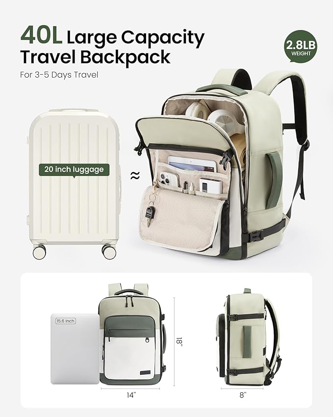 LOVEVOOK Travel Backpack for Women & Men, 40L Large Airline Approved Carry on Backpack for Travel, TSA Personal Item Travel Bag with 3 Packing Cubes, Waterproof Travel Essentials Bag fits 17" Laptop