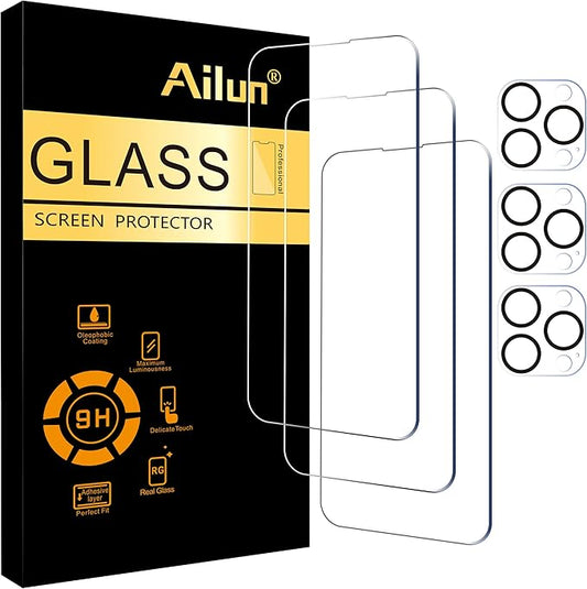Ailun 3 Pack Screen Protector for iPhone 14 Pro [6.1 inch] + 3 Pack Camera Lens Protector,Sensor Protection,Dynamic Island Compatible,Case Friendly Tempered Glass Film,[9H Hardness] - HD