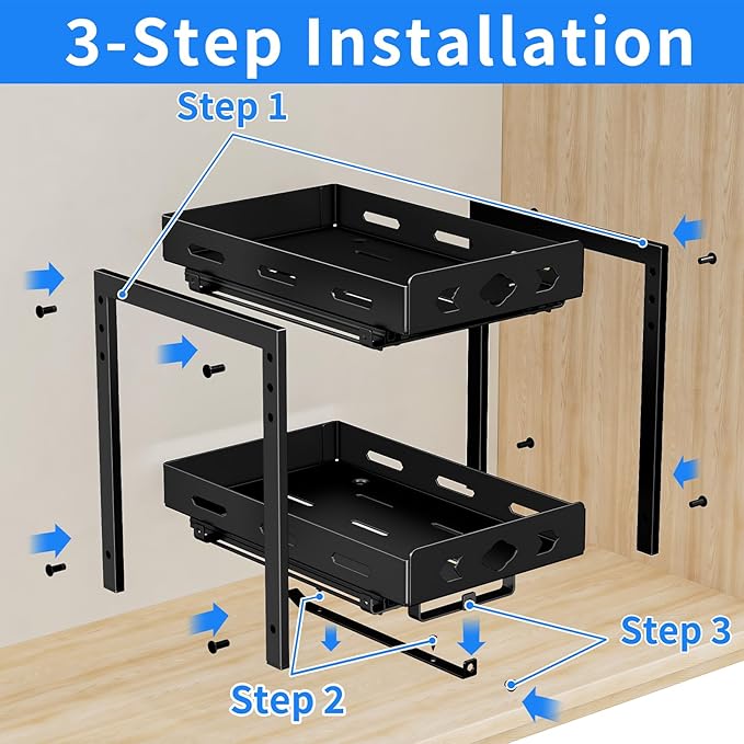 Pull Out Spice Racks for Inside Cabinets, 2-Tier Cabinet Spice Rack Organizer, Height Adjustable Vertical Spice Rack for Kitchen Cabinet (7.5''Wx10.8''Dx9.2''H, Metal Black)