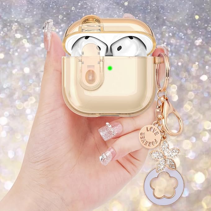 (with Safety Lock) Clear Case Compatible with Cute Apple Airpods 4 Cases 2024 Women, VISOOM Soft TPU Transparency Air pods 4 Gen Case iPods 4 Earbuds Case Girl Bling Keychain for Airpod iPod 4th Gen