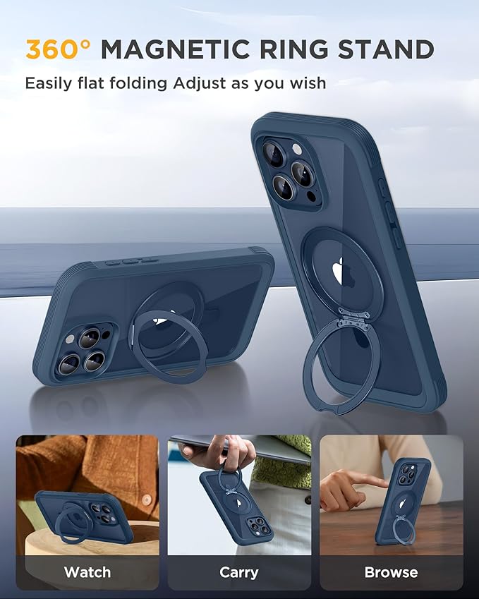 Miracase for iPhone 15 Pro Max Case with 360° Magnetic Ring Stand [Compatible with Magsafe] Full-Body Drop Proof Bumper Phone Case with Built-in 9H Tempered Glass Screen Protector,Blue