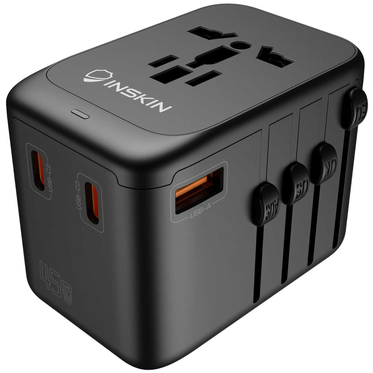Inskin Universal Travel Adapter Worldwide, 45W GaN III International Power Adapter w/4 PD Ports (3 USB-C, 1 USB-A) - USA, Japan, Australia, European Travel Plug Adapter (Type C/A/B/G/I) - Image 1