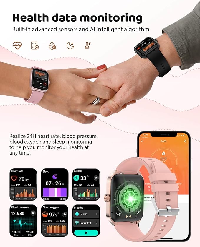 Smart Watches for Man Women with Bluetooth Call,1.91" Smartwatch with Heart Blood Pressure/Blood Oxygen/Rate/Sleep Monitor,100+ Sports Mode Fitness Tracker with IP67 Waterproof for iOS Android