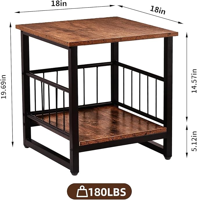End Table, Industrial Side Table with 2-Tire Storage Shelf, 180LBS Mini Fridge Stand with Adjustable Feet, 18"x18" Wood Night Stand Small Bedside Table with Sturdy Metal Frame for Living Room Bedroom