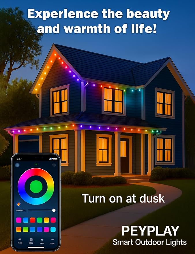 100ft Permanent Outdoor Lights, 60 RGB + IC Smart LEDs, 75 Scene Modes, IP67 Waterproof, App & Voice Control (Alexa & Google Assistant), DIY Colors, Music Sync, Holiday Lighting Scenes (100ft)