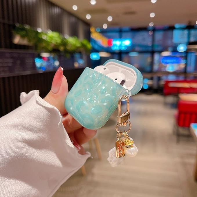 Cute Case for Airpod Pro 2 with Shell Pearl Keychain Luxury Aesthetic Leopard Hard TPU Protective Cover Compatible with AirPods Pro 2019 2022 2023 for Girls Women (Turquoise Blue)