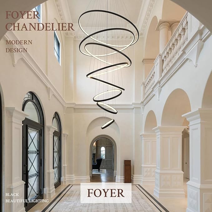 Modern LED Chandelier 8 Rings Dimmable Black High Ceiling Chandelier Foyer, Large LED Contemporary Pendant Lighting for Staircase Entryway Living Room, D35’’ 3000K-6500K