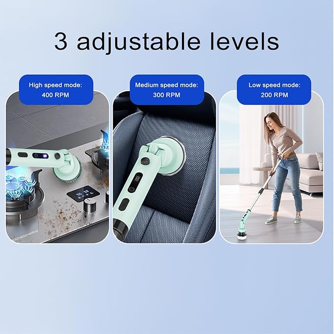 YUYTE Electric Spin Scrubber,Cordless Cleaning Brush with 9 Replaceable Heads,Adjustable Extension Handle, 90 Mins Long Lasting Power for Bathroom, Shower, Tub, Tile, Floor, Car (Green)