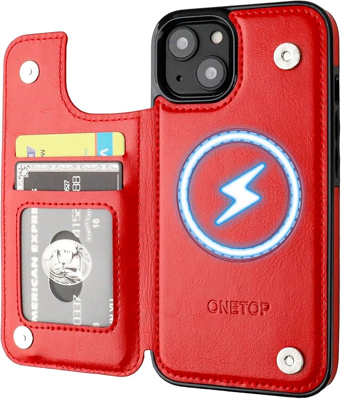 ONETOP Compatible with Magsafe for iPhone 13 Wallet Case with Card Holder, PU Leather Kickstand RFID Blocking Case, Double Magnetic Clasp and Durable Shockproof Cover 6.1 Inch (Red)