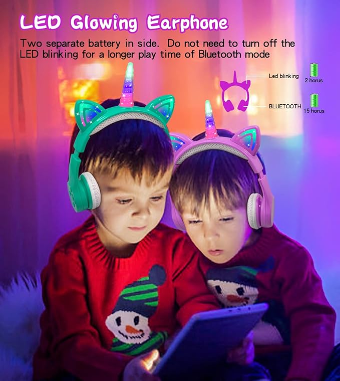 Unicorn Kids Headphones, Unicorn Bluetooth Headphone Foldable for Girls Boys Toddlers Tablet School Travel,Light Up Kids Wireless Headphone Birthday Gifts (Dark Purple)