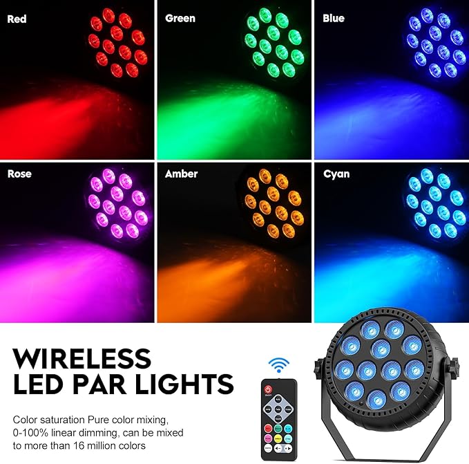 Rechargeable Stage Lights, 2200mAh Battery Powered LED Par Lights with Remote & Sound Activated, 12 RGB Portable Uplights for Events Wedding Party Club Concert Indoor 6Packs