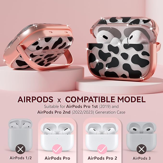 Inesore for AirPods Pro 2nd Generation Case Cover with Lock, Flowers Cute Clear Air Pods Pro 2 Case Hard iPod Pro Cases for Women Girls with Cleaner Kit (2023 USB-C /2022/2019) -Cow Print