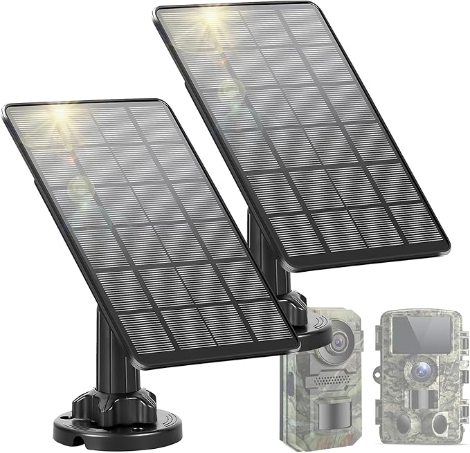 LIYVZ Trail Camera Solar Panel with Bulit-in 5000mAh Battery 2 Pack, 3W Solar Panel for Trail Camera IP66 Waterproof Multi Interfaces with USB-C & DC 6V/9V/12V Output, 360° Adjustable