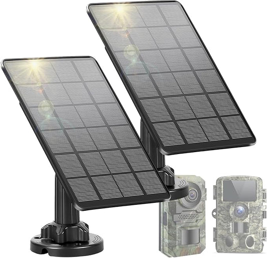 LIYVZ Trail Camera Solar Panel with Bulit-in 5000mAh Battery 2 Pack, 3W Solar Panel for Trail Camera IP66 Waterproof Multi Interfaces with USB-C & DC 6V/9V/12V Output, 360° Adjustable