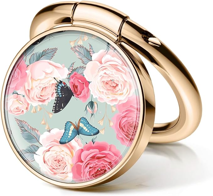 Cell Phone Ring Holder, Cute Metal Phone Grip Stand Finger Ring Kickstand, Flexible 360°Rotation Phone Tablet Case Accessories Compatible with Most Phones Pink Roses Butterfly