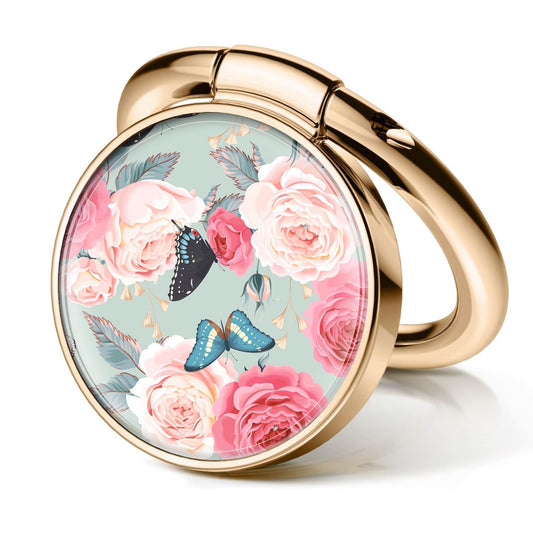 Cell Phone Ring Holder, Cute Metal Phone Grip Stand Finger Ring Kickstand, Flexible 360°Rotation Phone Tablet Case Accessories Compatible with Most Phones Pink Roses Butterfly