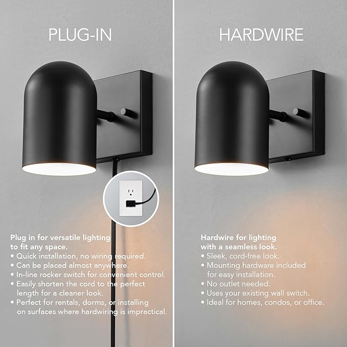 GLOBE Electric 65000098 1-Light Plug-in or Hardwire Wall Sconce, Matte Black, 6ft Braided Fabric Cord, in-Line Rocker Switch, Modern Lighting for Apartments or Renters, Lights for Living Room