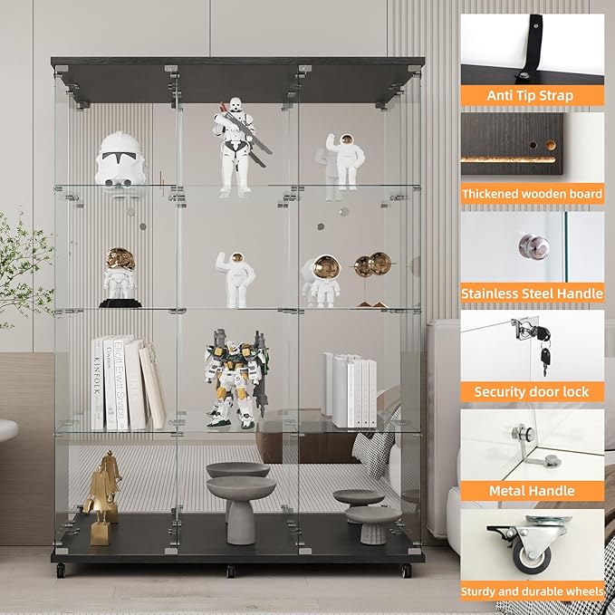 LFT HUIMEI2Y Glass Display Cabinet 12 Shelves with 3 Columns 2 Doors, Mirror Back Panel and Lock, Curio Cabinets Quick-Install Style Tempered Glass Bookshelf for Living Room, Kitchen Black