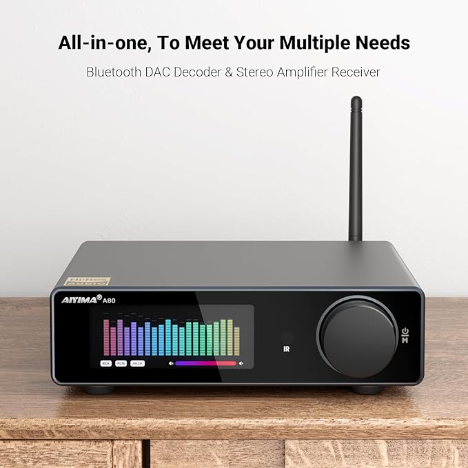 AIYIMA A80 Bluetooth Stereo Amplifier DAC HiFi Home Audio Component TPA3255 with PFFB,2 Channel Hi-Res Class D Power Amp | PC-USB COA Opt Inputs,Digital VU Meter | Pre-Out | TRS Balanced Input |Tone