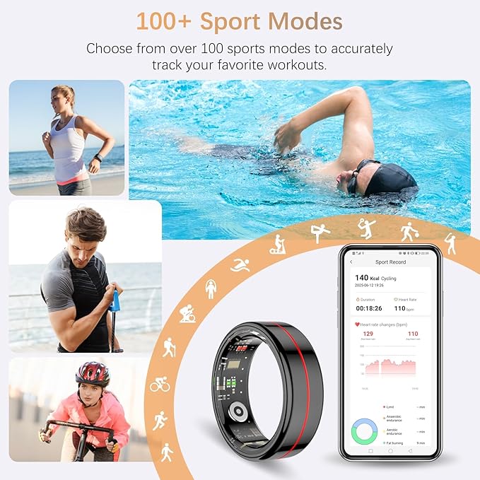 Fit Ring for Women Men, Ring Health Tracker with Heart Rate,Blood Oxygen,Heart Rate Variability, Stress, Sleep Monitor, Step Counter, Smart Ring for iPhone & Android, No Subscription Fee (Black, 7#)