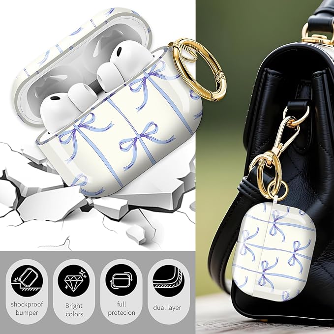 Cute Hard Case Compatible with AirPods Pro 3rd Generation Case (2025), Shockproof Protective Cover with Golden Keychain Ring Clip (Blue Bow)
