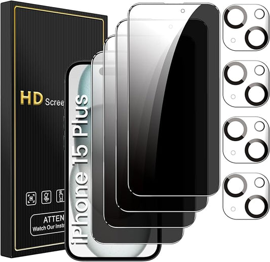4 Pack Privacy Screen Protector for iPhone 15 Plus 6.7 Inch with 4 Pack Camera Lens Protector, Anti Spy Tempered Glass Film, Anti-Scratch, Touch Sensitive, Case Friendly