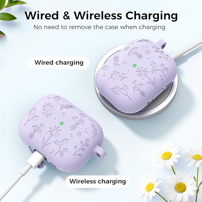 AhaStyle AirPods Pro 3 Case Cover (2025) Flower Engraved Cute Silicone AirPods Pro 3rd Generation Case Full Body Shockproof Cover Skin for Apple AirPods Pro 3rd Gen with Cleaning Kit for Women Girls