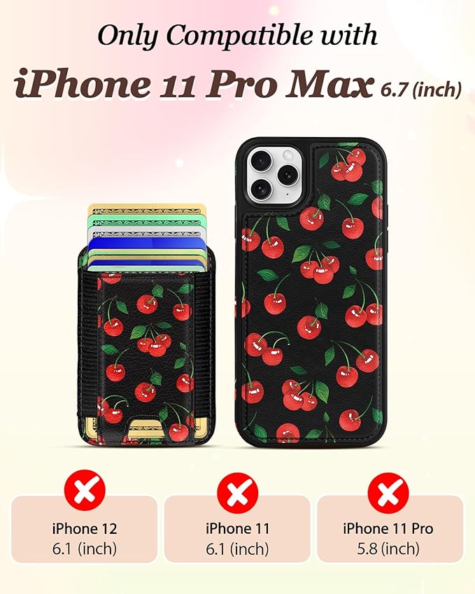 Shorogyt for iPhone 11 Pro Max Wallet Case - Fits 5 Cards, Compatible with Magsafe Detachable Magnetic Credit Card Holder Leather Cardholder Cute Phone Cover Women Girls for Apple 11 ProMax, Cherry