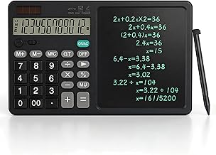 Desk Calculator with Erasable Writing Pad, 12-Digit Wide Screen Display, 100,000+ Reusable LCD Notepad, One-Click Clear & Lock Function, Solar and Battery Dual Power for Office,School,Business (Black) - Image 1