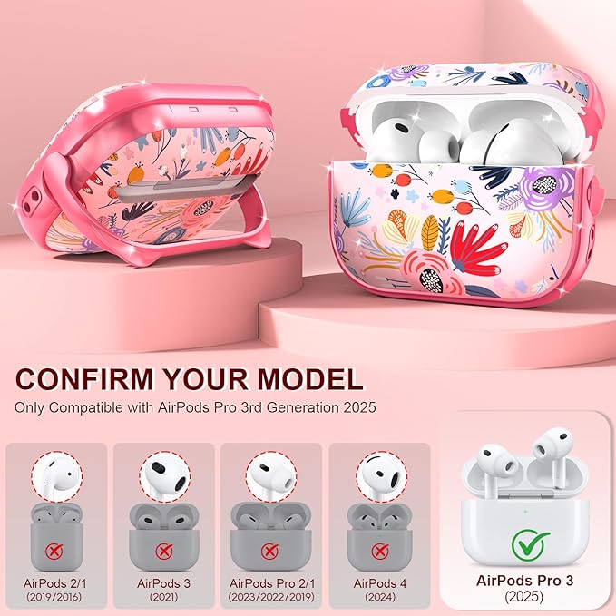 RFUNGUANGO AirPods Pro Case for Women Girly Cat Case with Lock, Phone Stand, Keychain & Cleaner Kit, Compatible with Apple Airpods Pro 2nd/1st Generation Case Cover, Pink Berry Flower