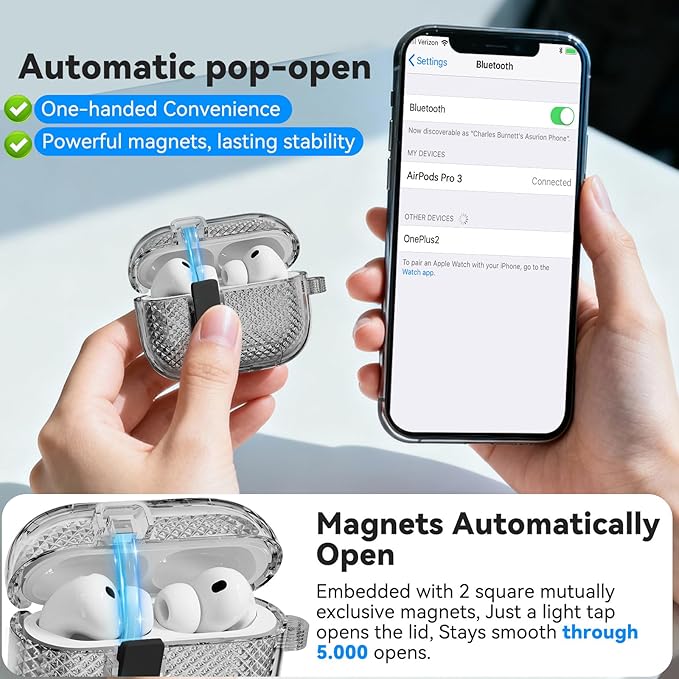 for AirPods Pro 3 Case with Phone Stand & Secure Lock, Auto-Open Clear Case Cover Compatible with Apple AirPods Pro 3rd Generation with Cleaning Kit & Keychain
