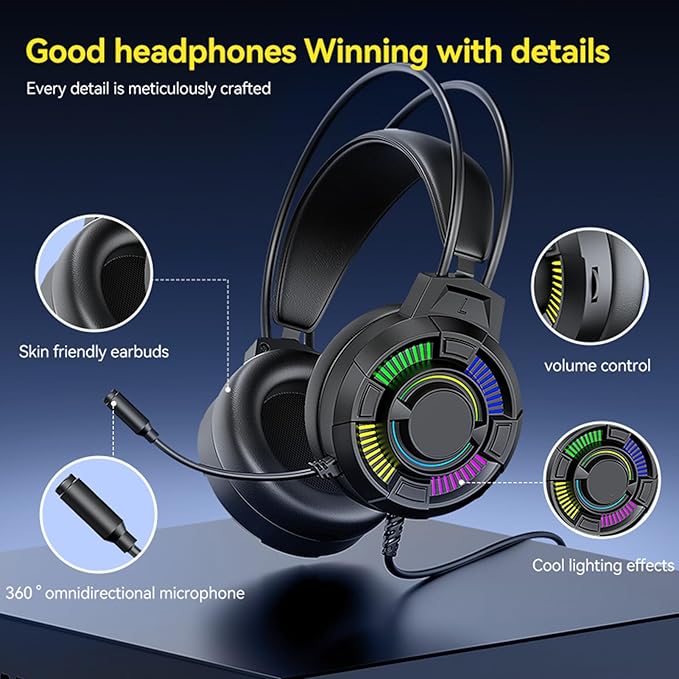 USB Wired Gaming Headset, RGB Lighting Gaming Headphones with 7.1 Surround Sound, 50mm Drivers, Over Ear Comfort, Lightweight, for PC