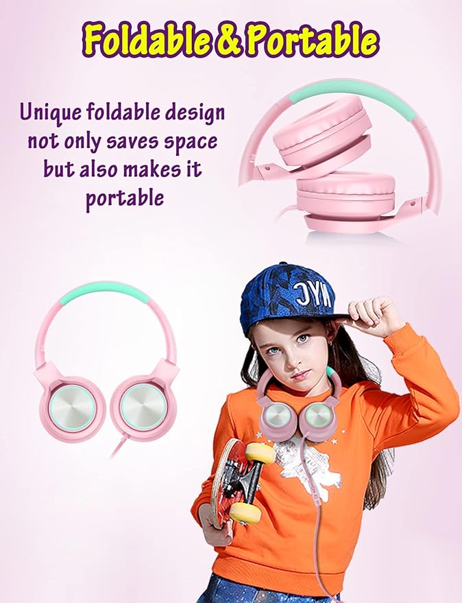 Kids Headphones with Microphone, Wired Over Ear Headsets with Limited Volume 85dB/ 94dB for Boys Girls Teens Children Online School/Travel/iPad/Tablet/Cellphone Pink
