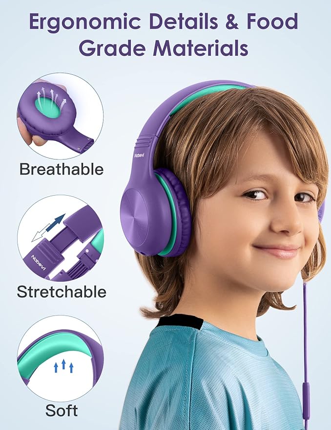 Headphones for Kids for School, Kids Headphones with Microphone, Sharing Function, 85dB/94dB Safe Volume Limit, HD Sound, Over Ear Kid Headphone for School, On-line Study, Travel, Purple
