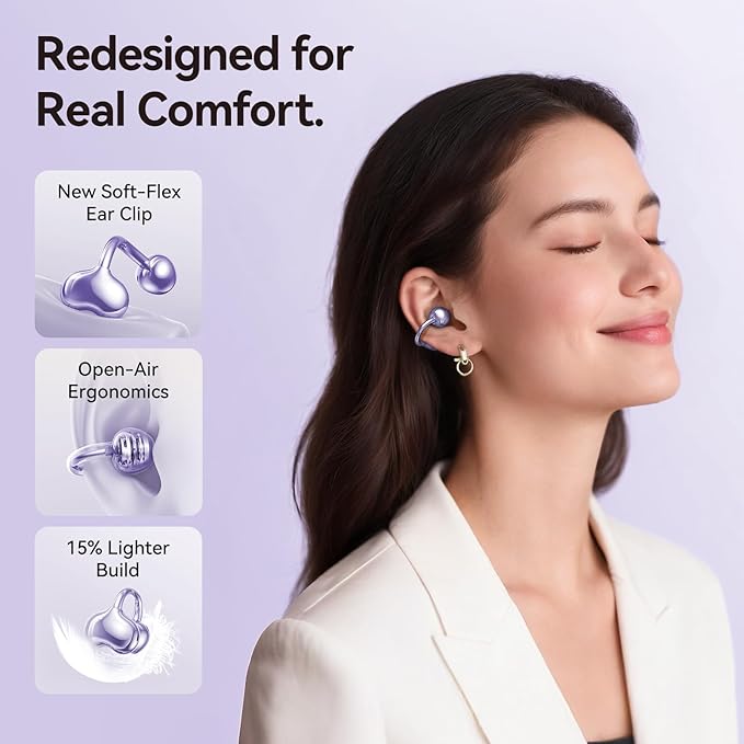 Kinglucky Upgraded Clip-On Earbuds Comfortable fit & Crystal-clear Sound, 50H Playtime Open Ear Buds Bluetooth 6.0 Wireless Headphones for Women Ideal for Small Ears, Sports & Workouts, Glasses Purple