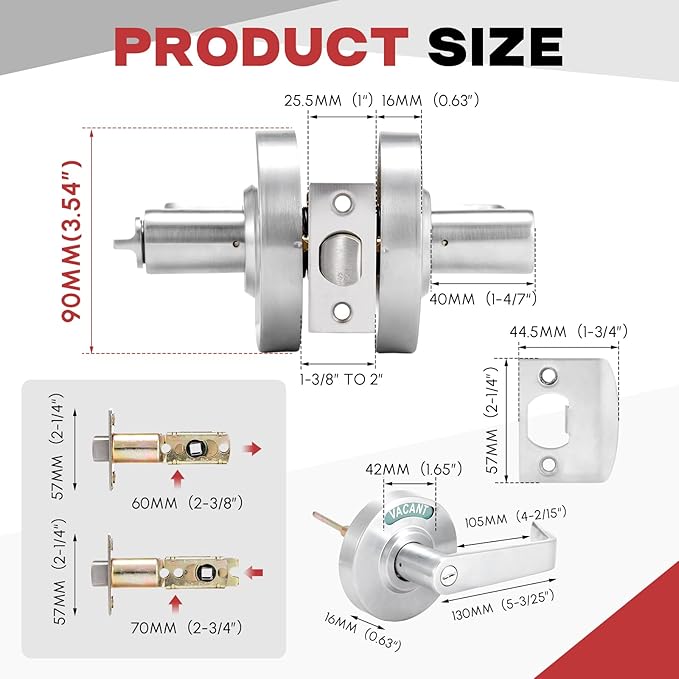 Tandefio 2 Set Vacant Occupied Bathroom Lock, Commercial Door Handle with in-use or Vacancy Occupied Deadbolt, Privacy Indicator Restroom Handle Lock for Restrooms, Satin Chrome (90 mm,Silver)