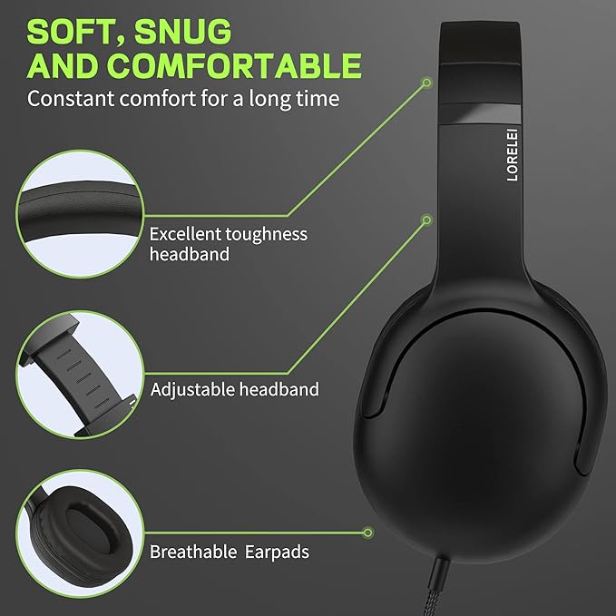 LORELEI E5 Wired Headphones for Kids Foldable & 3.5mm Jack Tangle Free Nylon Wire Stereo On Ear Headsets for Kids/Children/School/Tablet/Ipad/Kiddle/Plane (Space Black)
