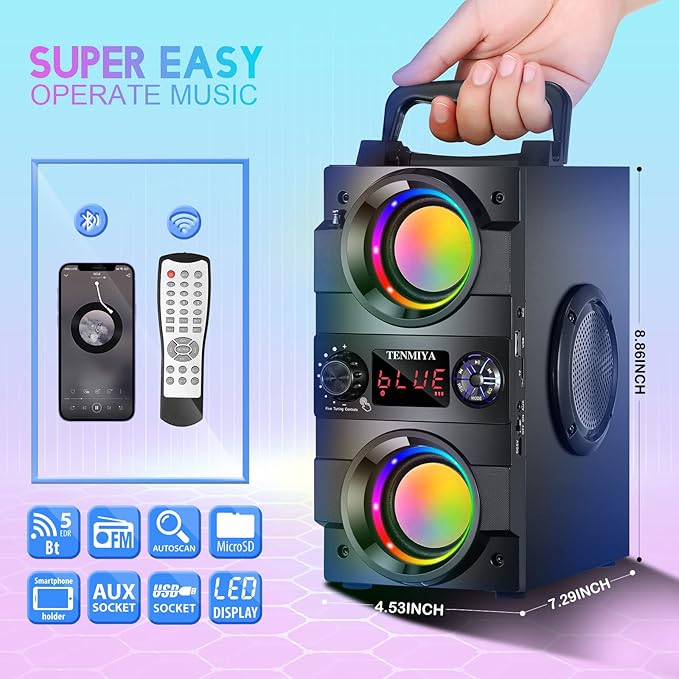 TENMIYA 40W(60W Peak) Portable Bluetooth Speakers with Subwoofer Wireless Stereo Rich Bass Boombox with LED Lights Outdoor Home Party Speakers Support FM Radio Remote Control AUX EQ