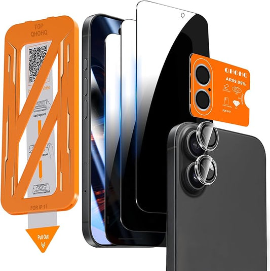 QHOHQ [1-Second Auto-Install] 3 Pack Privacy Screen Protector for iPhone 17 + 1 Set Camera Lens Protector, 25° Anti Spy Tempered Glass, [12FT Military Grade Shatterproof], Case Friendly