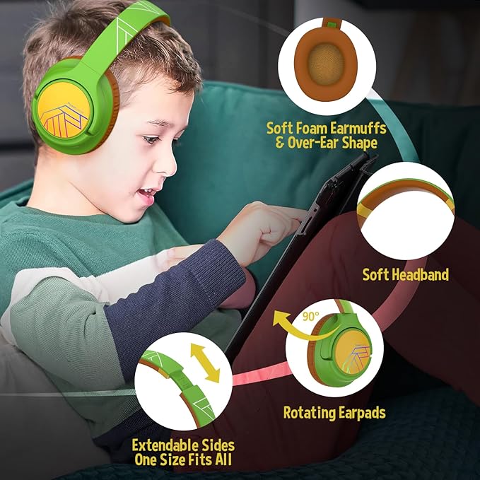 PowerLocus Kids Wireless Headphones, Bluetooth Kids Headphones LED Lights Over Ear with 74/85/94dB Volume Limited, 45H Playtime,Built-in Mic, Two Device Share Mode, HD Stereo for Travel/PC/Tablet