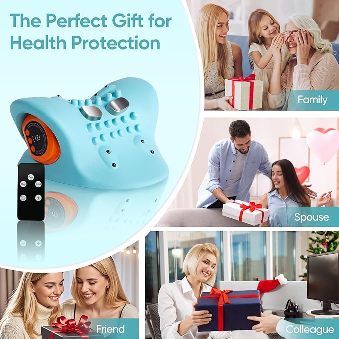Neck Massager 2025, Neck Massager Pillow with Heat for Pain Relief, Boost Circulation,and Restore Natural Alignment, 3-in-1 Cervical Traction Device Hump Corrector,for Home Use,9 Modes (Blue)
