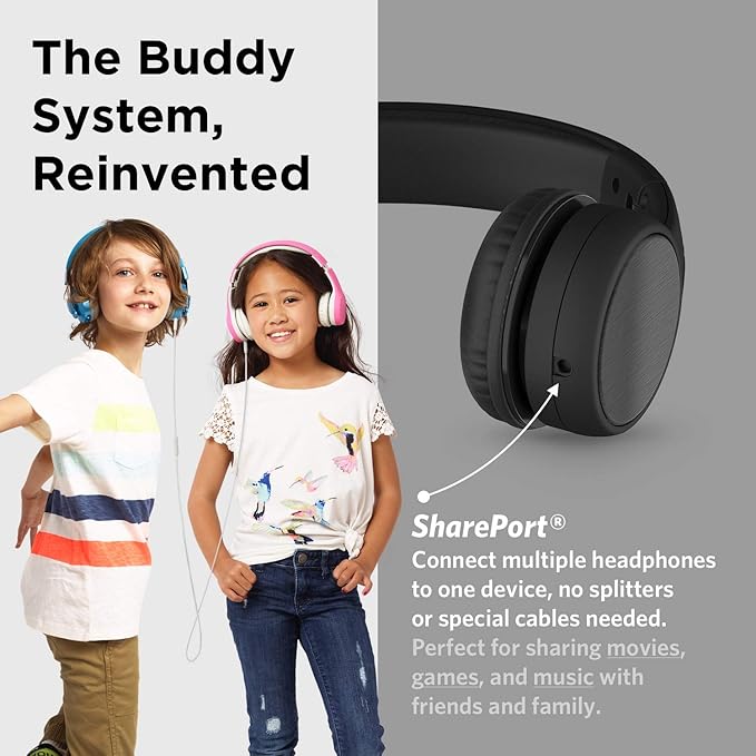 LilGadgets Connect+ Style On-Ear Kids Headphones with Microphone - SharePort Technology, SoftTouch Padding, Detachable Cable, Volume Limiting, Durable & Adjustable - Black
