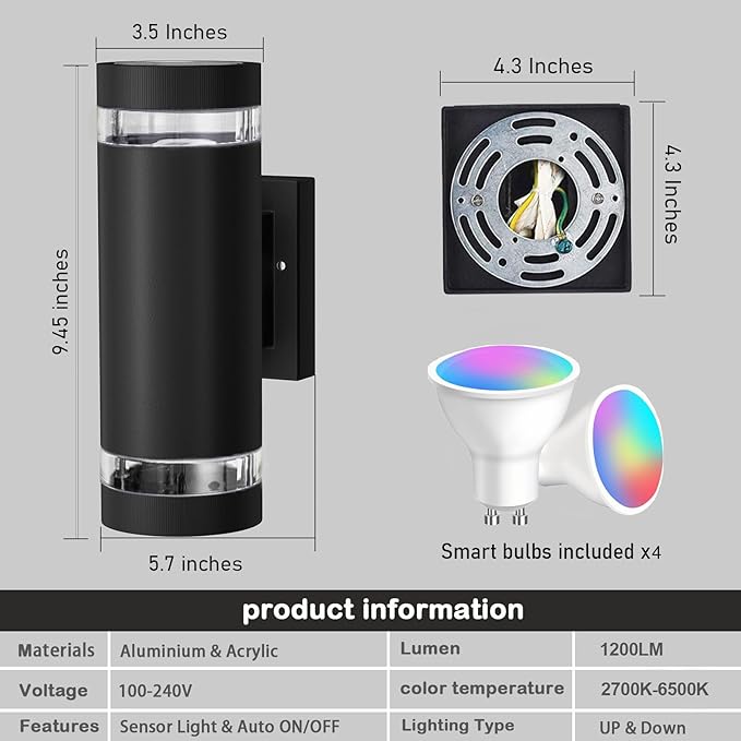 wowlite RGB Up and Down Lights Outdoor 2 Pack, Back Porch Lights Outdoor Wall Light Fixtures WiFi App Control, 2700k-6500k Cylinder Modern Wall Sconce Lights Color Changing LED Garage Light