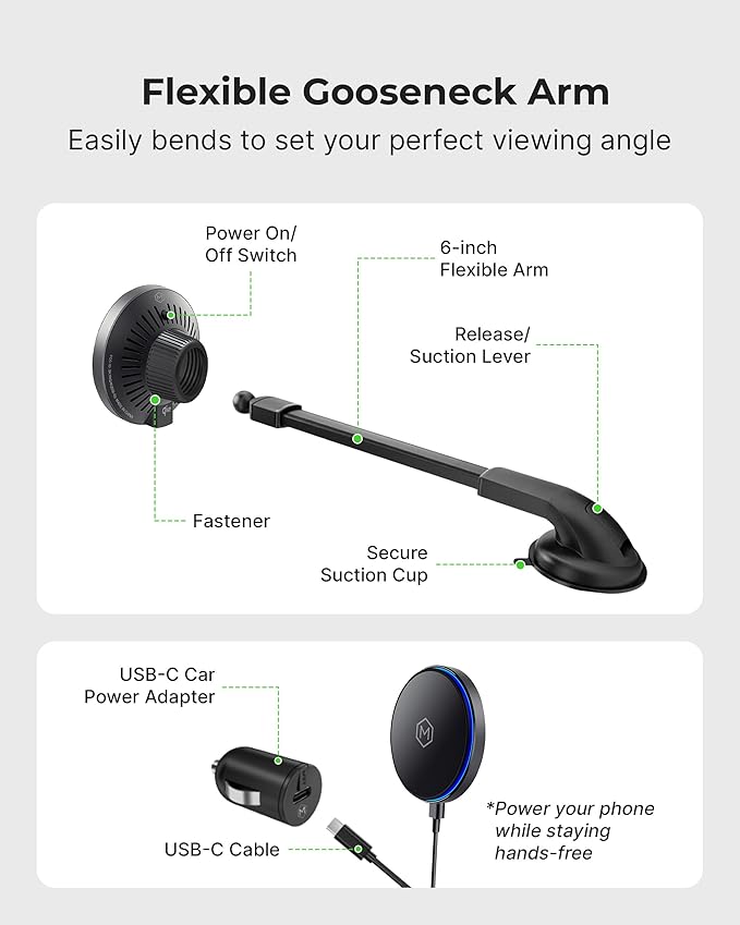 Mag Switch Qi2 Wireless Car Charger Gooseneck Mount, 15W Fast Charger with Built in on/Off Switch for Smarter Charging, Strong N52 Magnets, Compatible with iPhone 14/15/16/17/Galaxy
