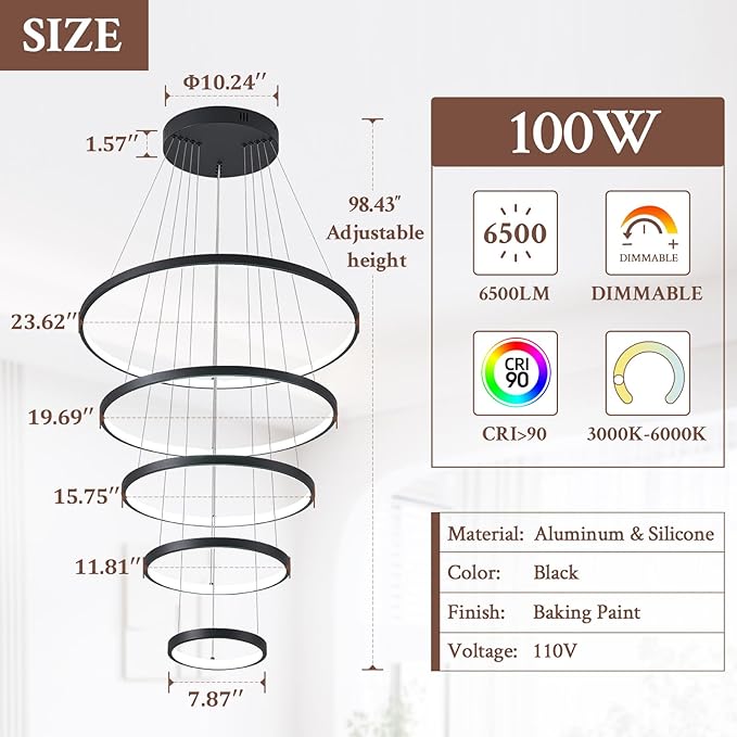5 Ring Modern LED Chandelier Dimmable Black High Ceiling Chandeliers for Foyer, LED Contemporary Large Pendant Lighting with Remote Control Circular for Living Room Staircase, 3000K-6500K