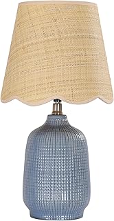Pia Ricco 19" Modern Ceramic Table Lamp for Living Room Gray Blue Base Desk Lamps for Bedroom Farmhouse Bedside Nightstand Lamp End Table Lamps,Bule,Rattan Shade - Image 1