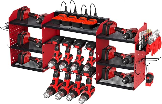 Power Tool Organizer, Drill Holder Wall Mount, Heavy Duty 3-Layer Garage Rack with 8 Outlets, 8 Drill Storage Shelf with Hooks, Battery Storage Rack Charging Station for Tool Shelf